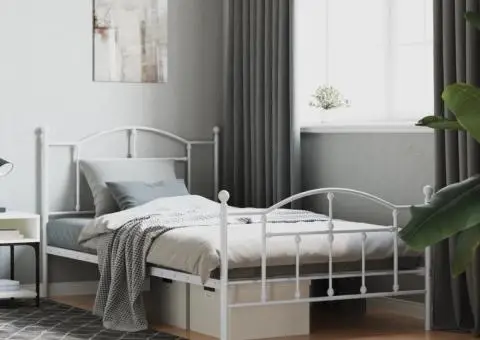 Cadru de pat metalic cu tăblie de cap/picioare, alb, 107x203 cm - 1/5