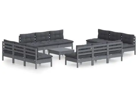 Set mobilier de grădină cu perne, 13 piese, antracit, lemn pin - 2/5