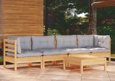 Set mobilier grădină cu perne gri, 5 piese, lemn masiv de pin - 1/5