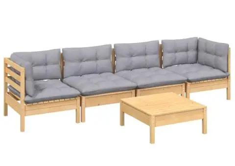 Set mobilier grădină cu perne gri, 5 piese, lemn masiv de pin - 3/5