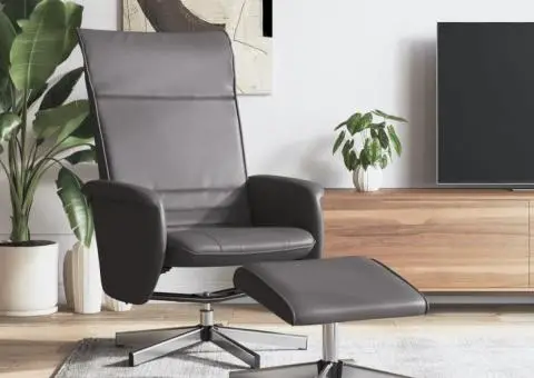 Fotoliu rabatabil cu taburet, gri, piele ecologică - 1/5