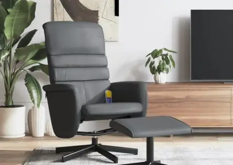 Fotoliu de masaj rabatabil cu taburet, gri, piele ecologică - 1/5