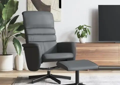 Fotoliu rabatabil cu taburet, gri, piele ecologică - 1/5