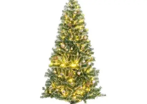 Brad Crăciun artificial, 300 LED/globuri/zăpadă pufoasă, 210 cm - 1/5