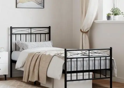 Cadru pat metalic cu tăblii de cap/picioare, negru, 75x190 cm - 1/5