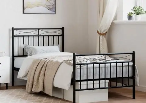 Cadru pat metalic cu tăblii de cap/picioare, negru, 90x190 cm - 1/5