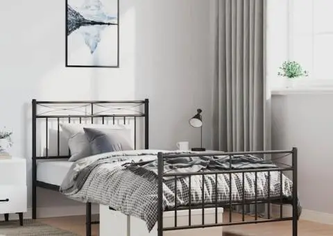 Cadru pat metalic cu tăblii de cap/picioare, negru, 100x190 cm - 1/5