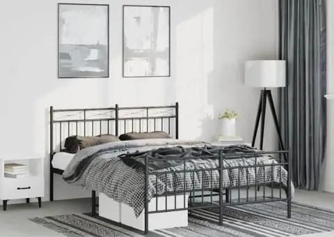 Cadru pat metalic cu tăblie de cap/picioare, negru, 135x190 cm - 1/5