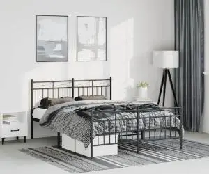 vidaXL Cadru pat metalic cu tăblie de cap/picioare, negru, 135x190 cm