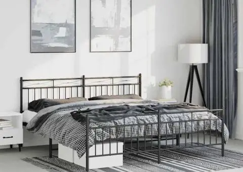 Cadru pat metalic cu tăblii de cap/picioare, negru, 193x203 cm - 1/5