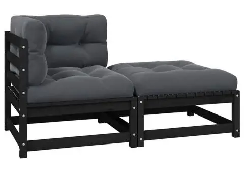 Set mobilier de grădină cu perne, 2 piese, negru, lemn de pin - 1/5