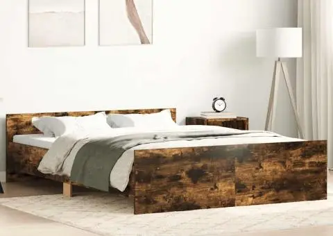 Cadru pat cu tăblie la cap/picioare, stejar fumuriu, 140x190 cm - 1/5