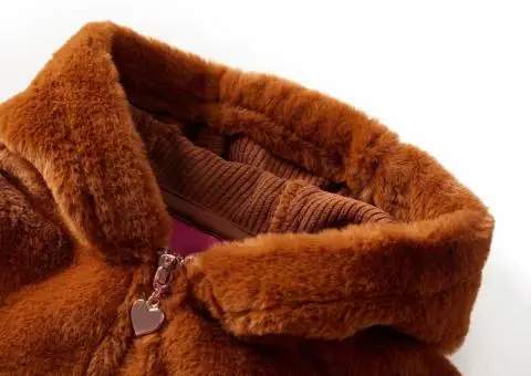 Jachetă cu glugă pentru copii, blană artificială, coniac, 104 - 3/5