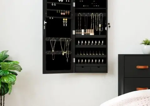 Dulap de bijuterii cu oglindă și lumini LED, de perete, negru - 1/5