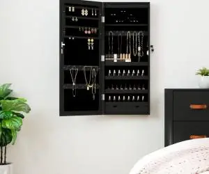 vidaXL Dulap de bijuterii cu oglindă și lumini LED, de perete, negru