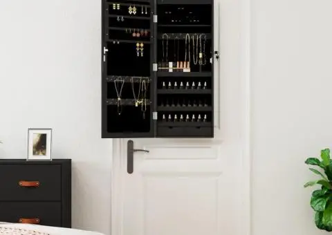 Dulap de bijuterii cu oglindă și lumini LED, de perete, negru - 3/5