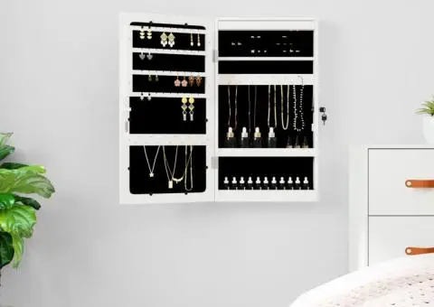 Dulap de bijuterii cu oglindă și lumini LED, de perete, alb - 1/5