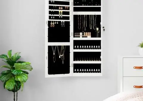 Dulap de bijuterii cu oglindă și lumini LED, de perete, alb - 1/5