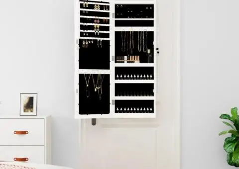 Dulap de bijuterii cu oglindă și lumini LED, de perete, alb - 3/5