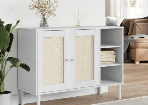 Servantă SENJA, aspect ratan alb, 112x40x80 cm, lemn masiv pin - 1/5