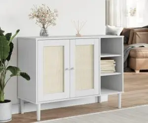 vidaXL Servantă SENJA, aspect ratan alb, 112x40x80 cm, lemn masiv pin