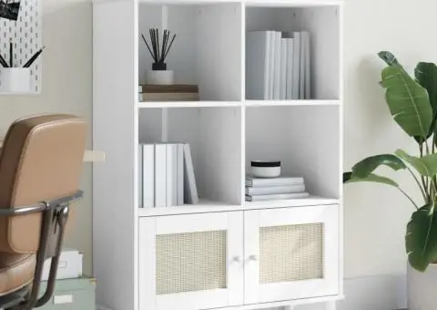 Bibliotecă SENJA, aspect ratan alb, 90x35x130 cm lemn masiv pin - 1/5