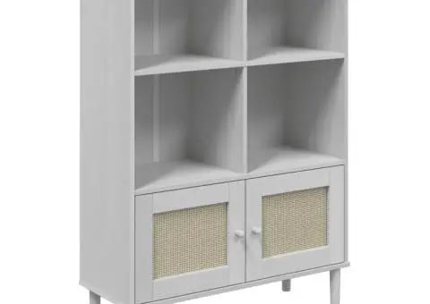 Bibliotecă SENJA, aspect ratan alb, 90x35x130 cm lemn masiv pin - 2/5