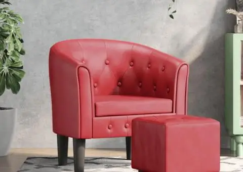 Fotoliu tip cuvă cu taburet, roșu vin, piele ecologică - 1/5