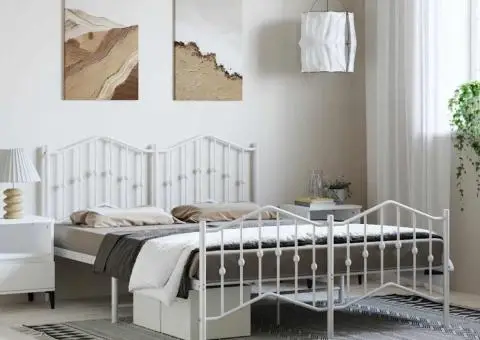 Cadru pat metalic cu tăblie de cap/picioare , alb, 150x200 cm - 1/5