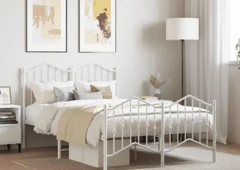 Cadru pat metalic cu tăblie de cap/picioare , alb, 120x190 cm - 1/5