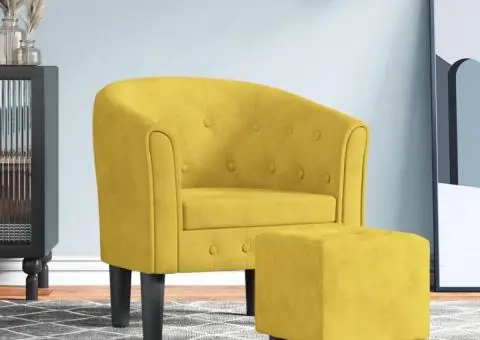 Fotoliu tip cuvă cu taburet, galben, catifea - 1/5