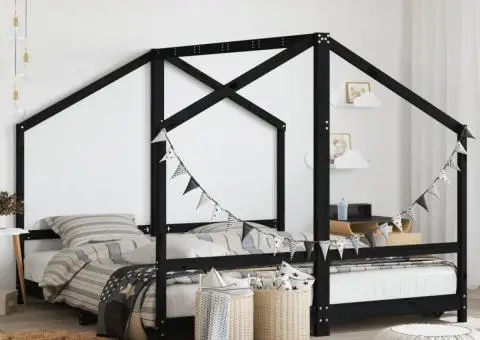 Cadru de pat pentru copii negru 2x(90x190) cm lemn masiv de pin - 1/5