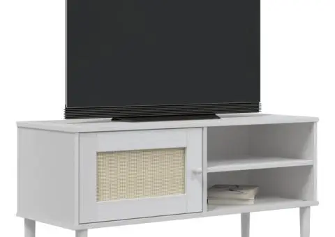 Comodă TV SENJA aspect ratan alb, 106x40x49 cm, lemn masiv pin - 3/5