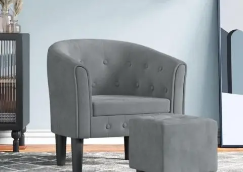 Fotoliu tip cuvă cu taburet, gri închis, catifea - 1/5