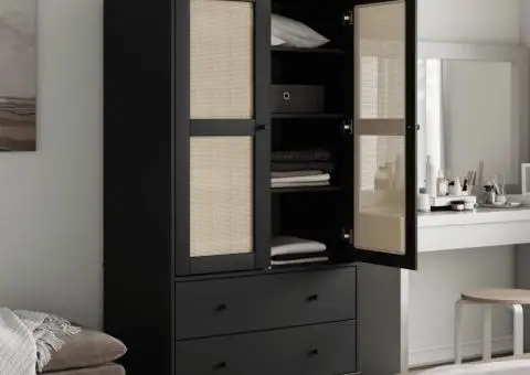 Șifonier SENJA, aspect ratan negru, 90x55x175cm, lemn masiv pin - 3/5