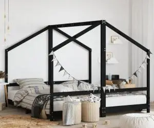 vidaXL Cadru de pat pentru copii negru 2x(90x190) cm lemn masiv de pin
