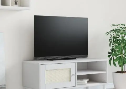 Comodă TV SENJA aspect ratan alb, 106x40x49 cm, lemn masiv pin - 1/5