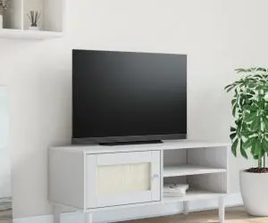 vidaXL Comodă TV SENJA aspect ratan alb, 106x40x49 cm, lemn masiv pin