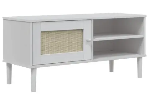 Comodă TV SENJA aspect ratan alb, 106x40x49 cm, lemn masiv pin - 2/5