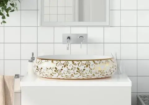 Lavoar de blat, alb și auriu, 59x40x15 cm, ceramică, oval - 1/5