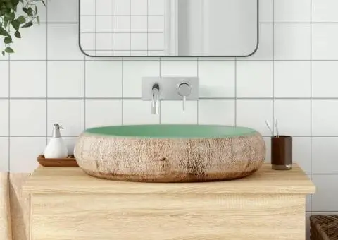 Lavoar de blat, verde și maro, 59x40x15 cm, ceramică, oval - 1/5