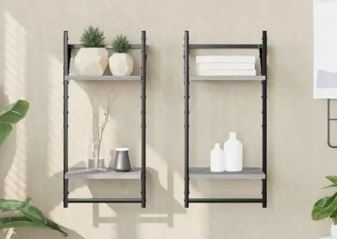 Rafturi perete 2 niveluri cu bare 2 buc. gri sonoma 30x25x65 cm - 1/5
